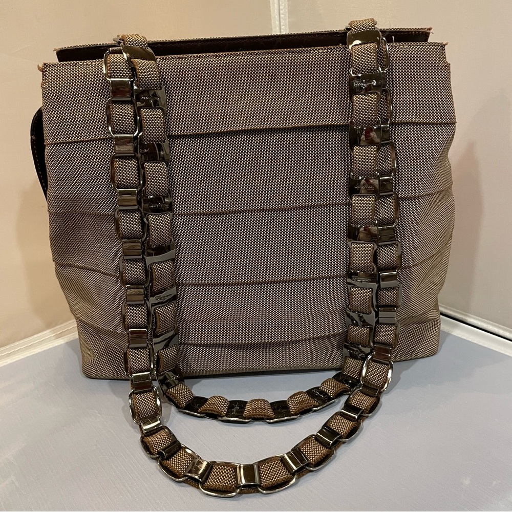 Salvatore Ferragamo Brown Textured Tote with Chain-Link Straps